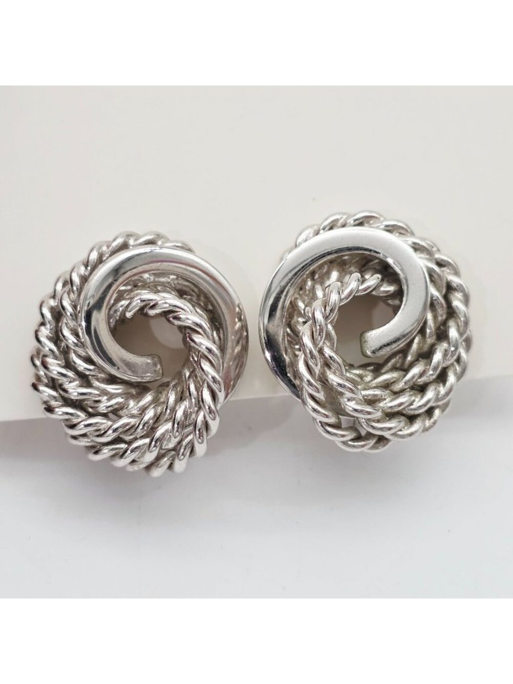 Vintage Monet Silver -Tone Rope Knot Clip-On Earrings 1"